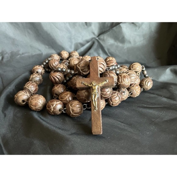 Vintage Hand Carved Wooden Rosary Made in France Notre Dame Souvenir Extra Long